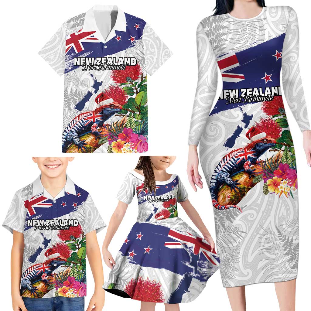 New Zealand Christmas Family Matching Long Sleeve Bodycon Dress and Hawaiian Shirt Meri Kirihimete-Tuatara and Pohutukawa White Color