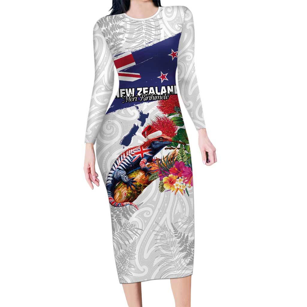 New Zealand Christmas Family Matching Long Sleeve Bodycon Dress and Hawaiian Shirt Meri Kirihimete-Tuatara and Pohutukawa White Color