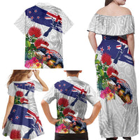 New Zealand Christmas Family Matching Off Shoulder Maxi Dress and Hawaiian Shirt Meri Kirihimete-Tuatara and Pohutukawa White Color