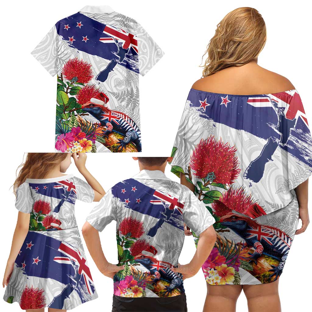 New Zealand Christmas Family Matching Off Shoulder Short Dress and Hawaiian Shirt Meri Kirihimete-Tuatara and Pohutukawa White Color