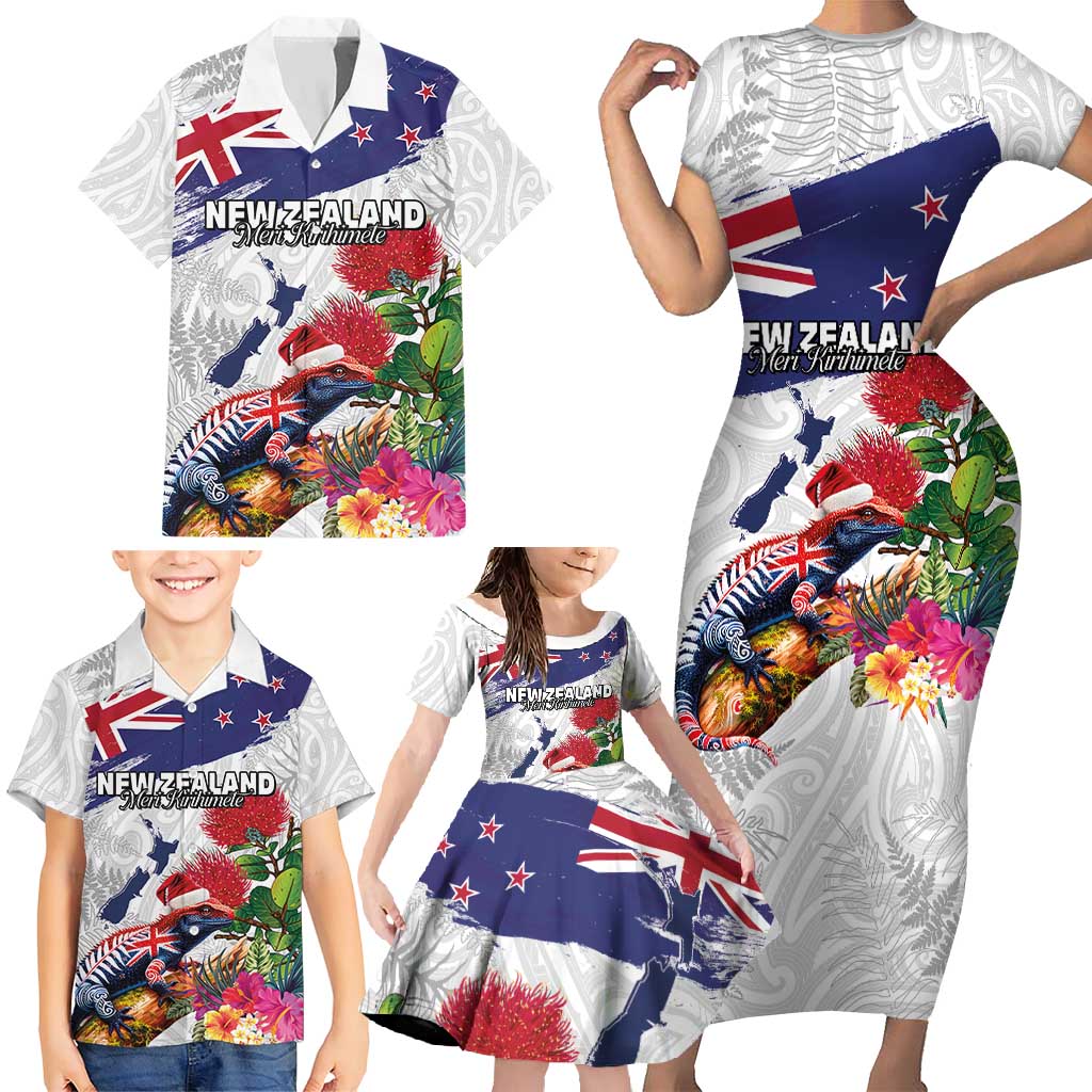 New Zealand Christmas Family Matching Short Sleeve Bodycon Dress and Hawaiian Shirt Meri Kirihimete-Tuatara and Pohutukawa White Color