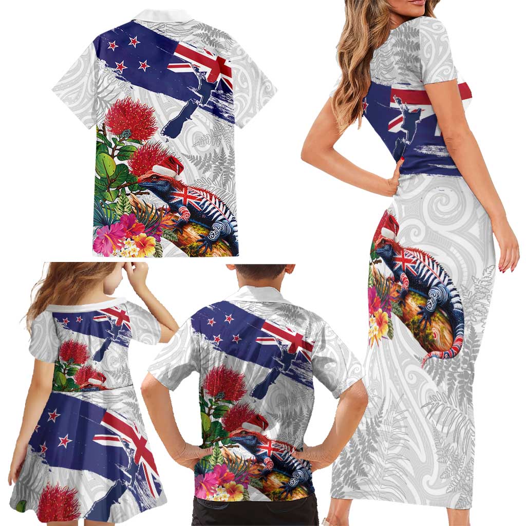 New Zealand Christmas Family Matching Short Sleeve Bodycon Dress and Hawaiian Shirt Meri Kirihimete-Tuatara and Pohutukawa White Color