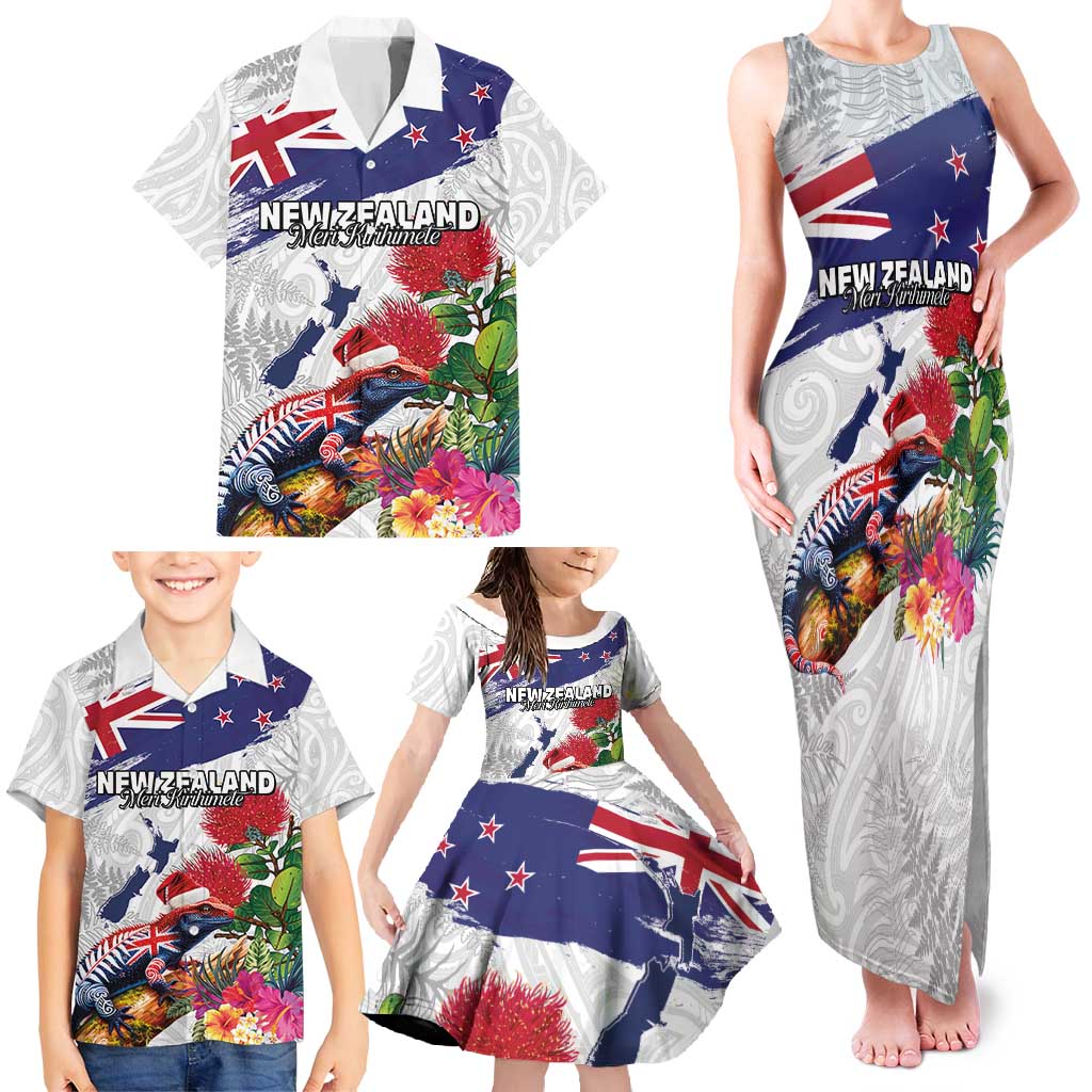 New Zealand Christmas Family Matching Tank Maxi Dress and Hawaiian Shirt Meri Kirihimete-Tuatara and Pohutukawa White Color