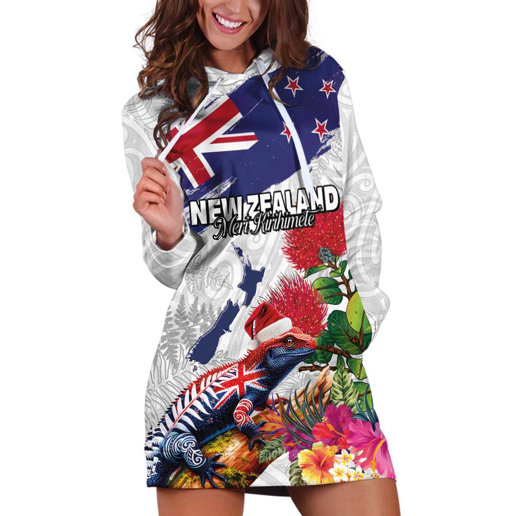 New Zealand Christmas Hoodie Dress Meri Kirihimete-Tuatara and Pohutukawa White Color