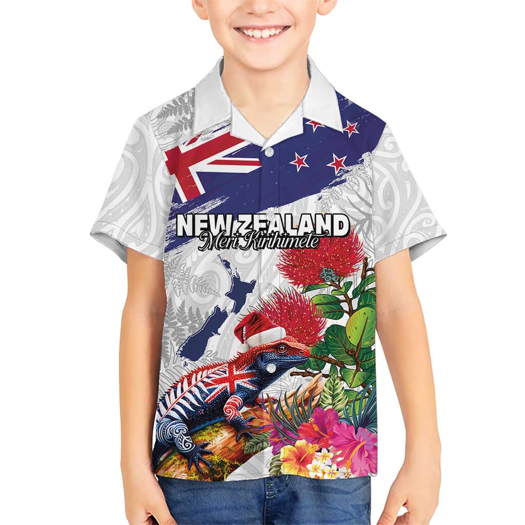 New Zealand Christmas Kid Hawaiian Shirt Meri Kirihimete-Tuatara and Pohutukawa White Color LT03 Kid White - Polynesian Pride