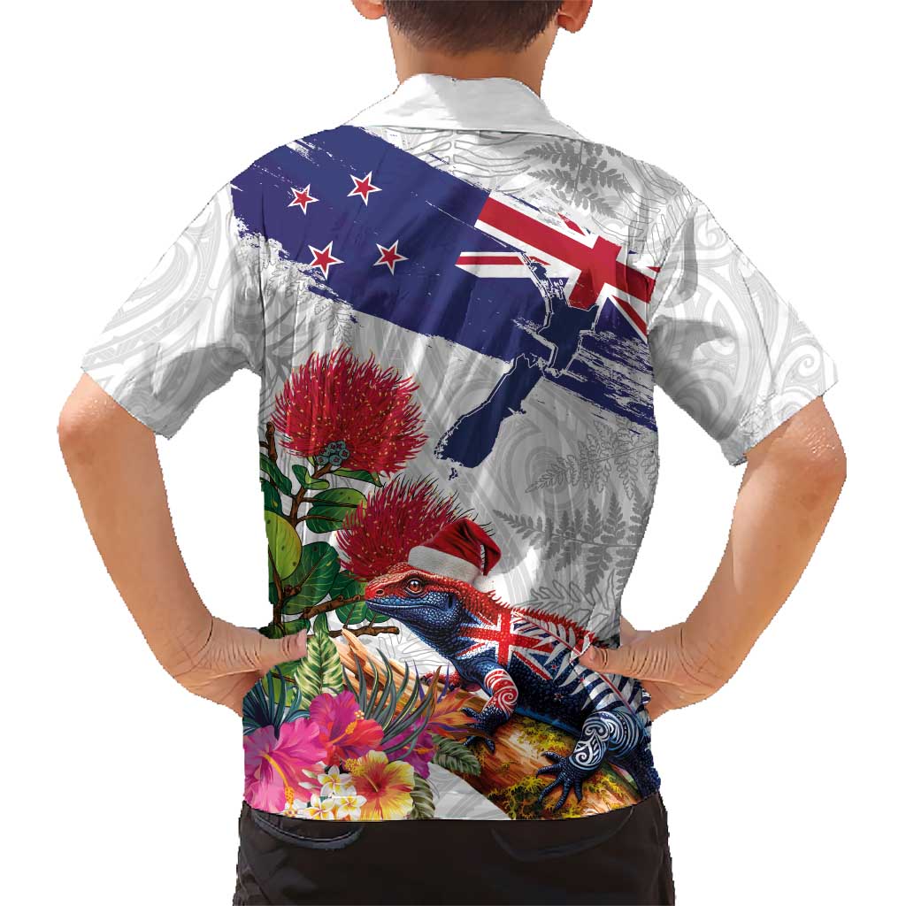 New Zealand Christmas Kid Hawaiian Shirt Meri Kirihimete-Tuatara and Pohutukawa White Color LT03 - Polynesian Pride