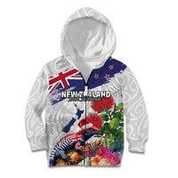 New Zealand Christmas Kid Hoodie Meri Kirihimete-Tuatara and Pohutukawa White Color