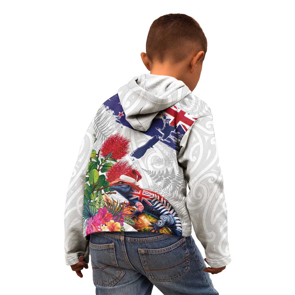 New Zealand Christmas Kid Hoodie Meri Kirihimete-Tuatara and Pohutukawa White Color