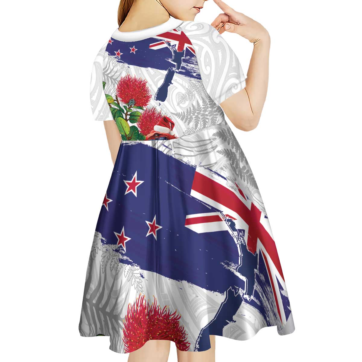 New Zealand Christmas Kid Short Sleeve Dress Meri Kirihimete-Tuatara and Pohutukawa White Color