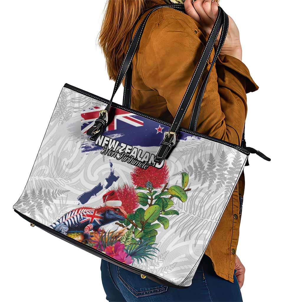 New Zealand Christmas Leather Tote Bag Meri Kirihimete-Tuatara and Pohutukawa White Color