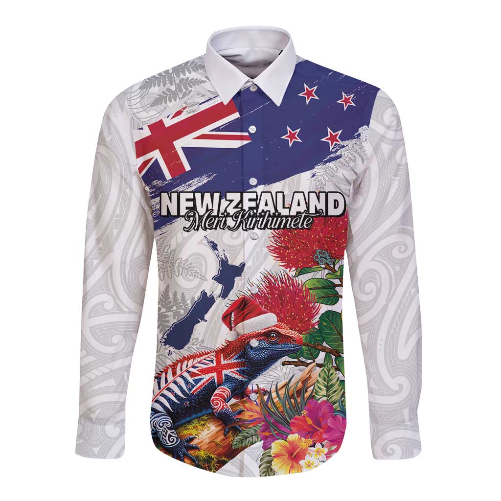 New Zealand Christmas Long Sleeve Button Shirt Meri Kirihimete-Tuatara and Pohutukawa White Color