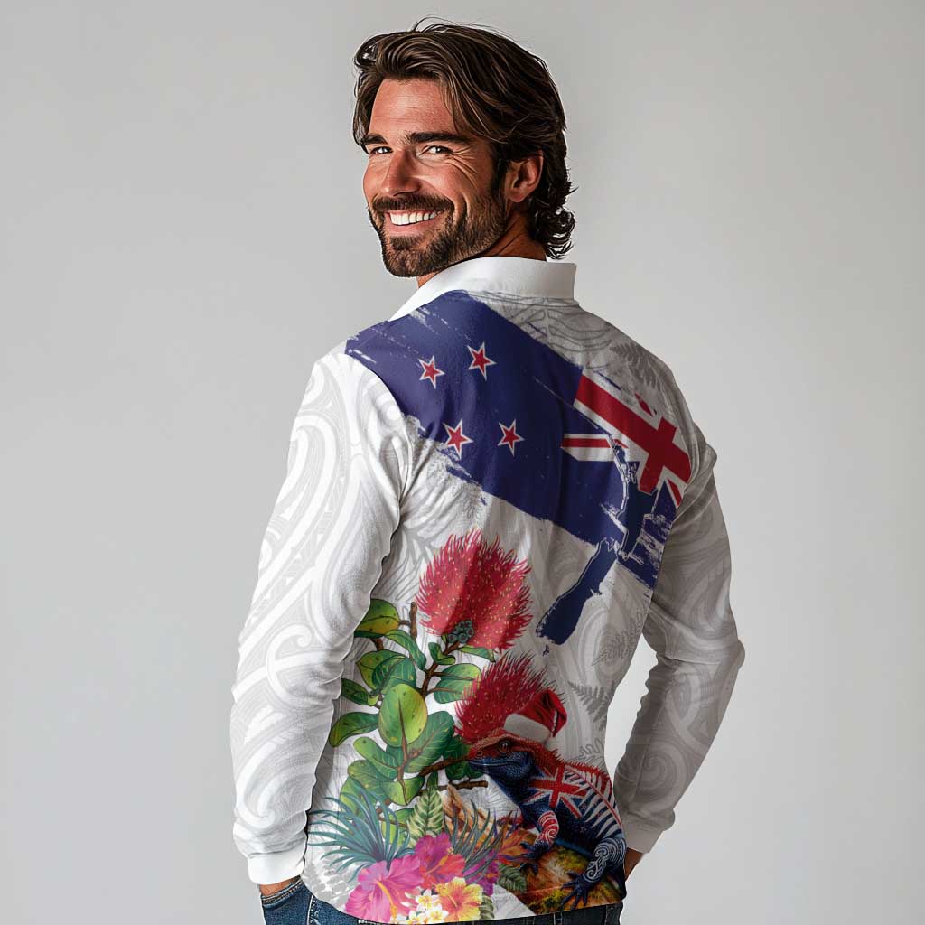 New Zealand Christmas Long Sleeve Polo Shirt Meri Kirihimete-Tuatara and Pohutukawa White Color