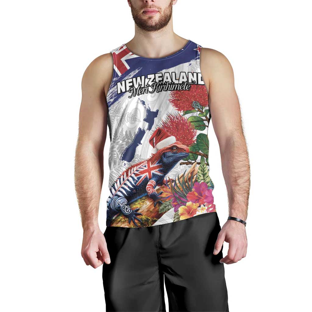 New Zealand Christmas Men Tank Top Meri Kirihimete-Tuatara and Pohutukawa White Color