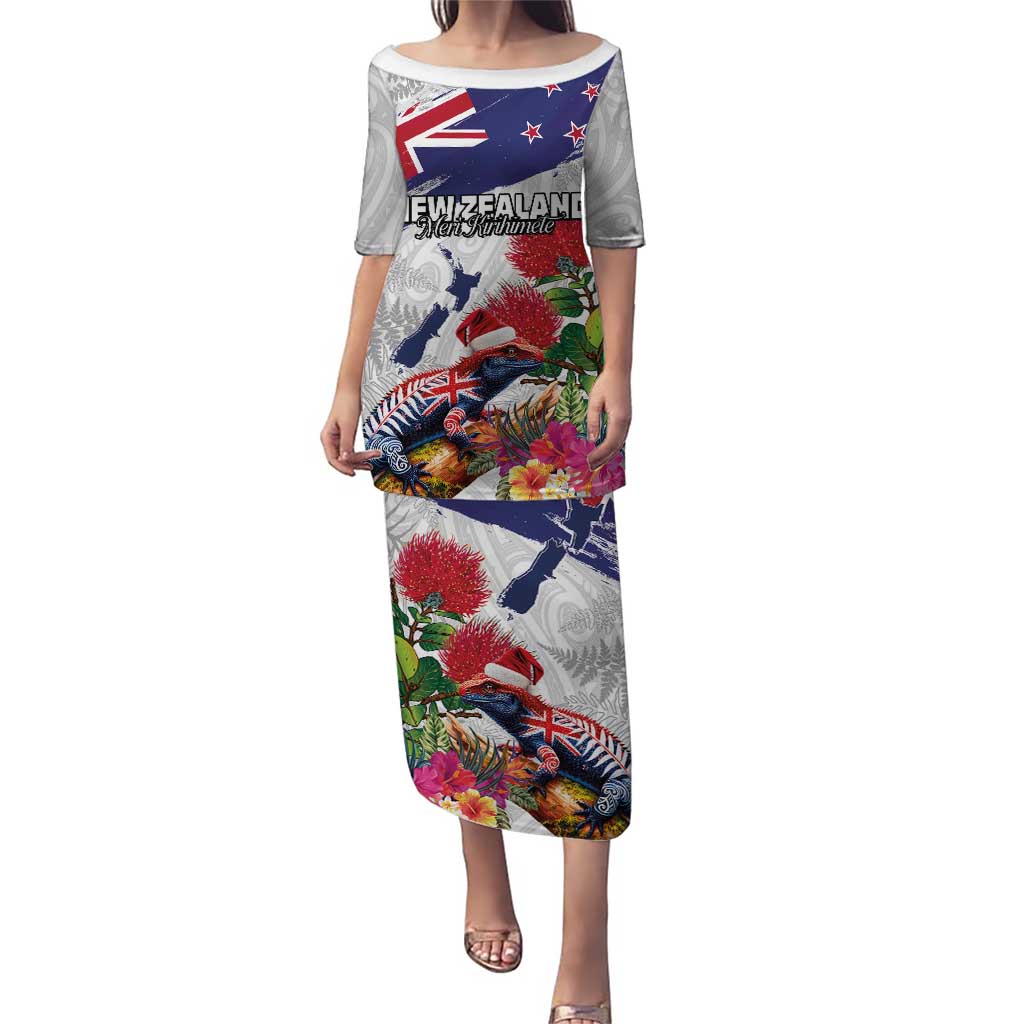 New Zealand Christmas Puletasi Meri Kirihimete-Tuatara and Pohutukawa White Color