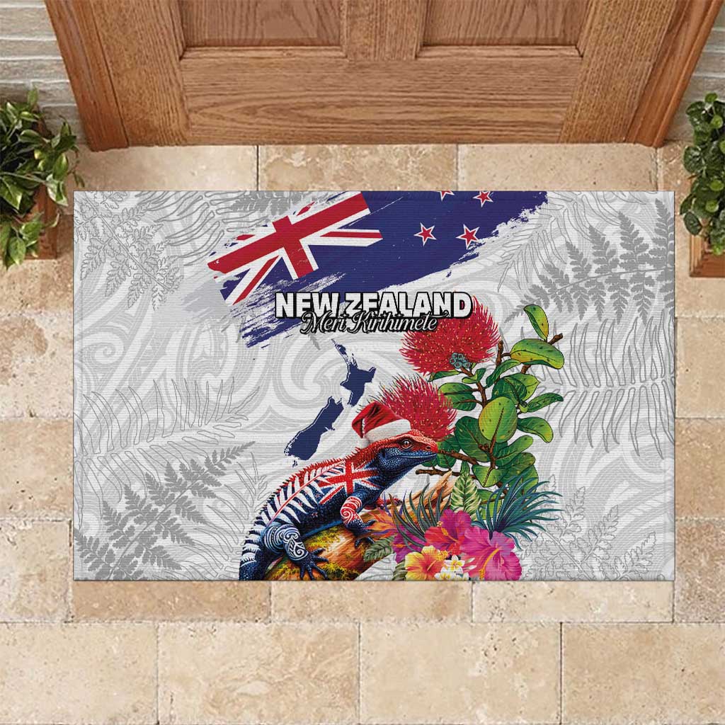New Zealand Christmas Rubber Doormat Meri Kirihimete-Tuatara and Pohutukawa White Color