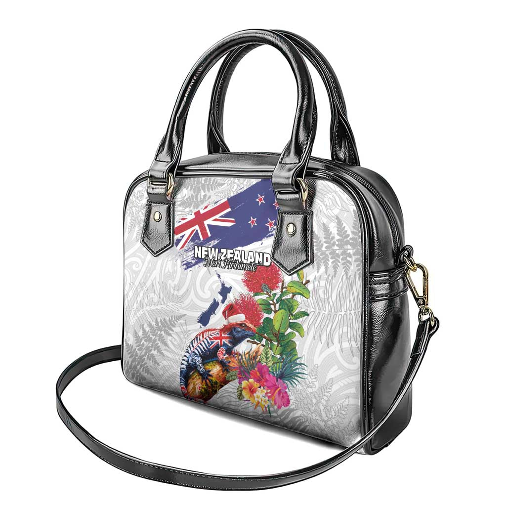 New Zealand Christmas Shoulder Handbag Meri Kirihimete-Tuatara and Pohutukawa White Color