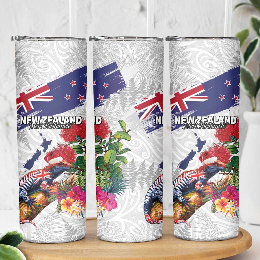 New Zealand Christmas Skinny Tumbler Meri Kirihimete-Tuatara and Pohutukawa White Color LT03 - Polynesian Pride