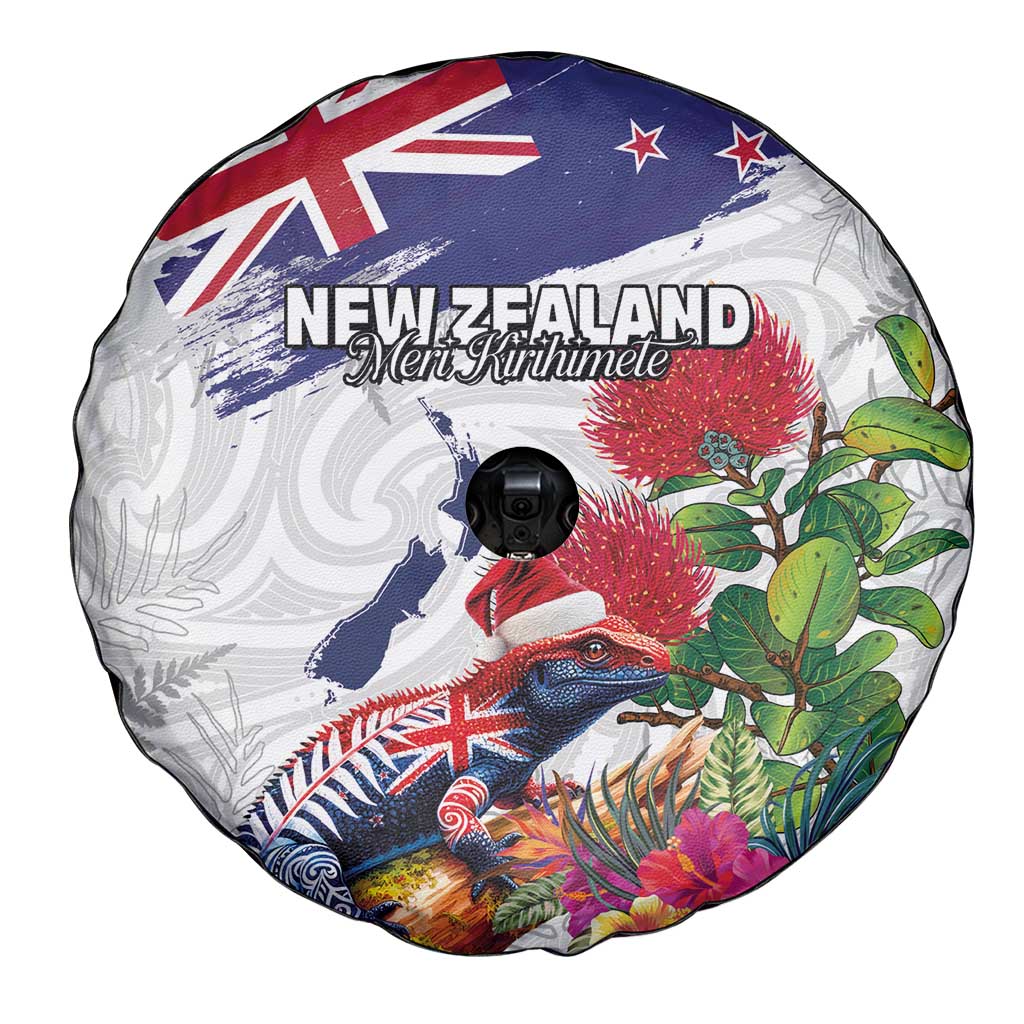 New Zealand Christmas Spare Tire Cover Meri Kirihimete-Tuatara and Pohutukawa White Color