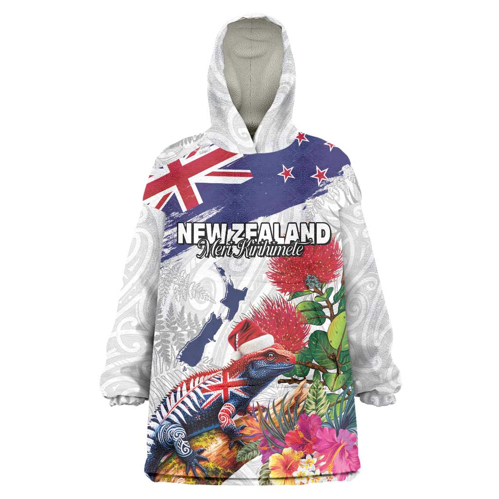 New Zealand Christmas Wearable Blanket Hoodie Meri Kirihimete-Tuatara and Pohutukawa White Color