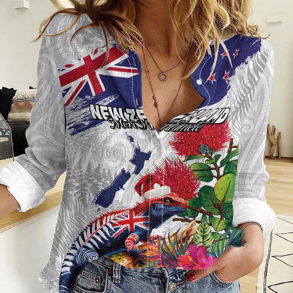 New Zealand Christmas Women Casual Shirt Meri Kirihimete-Tuatara and Pohutukawa White Color