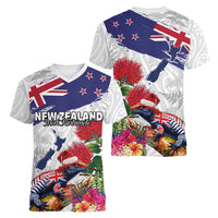 New Zealand Christmas Women V-Neck T-Shirt Meri Kirihimete-Tuatara and Pohutukawa White Color