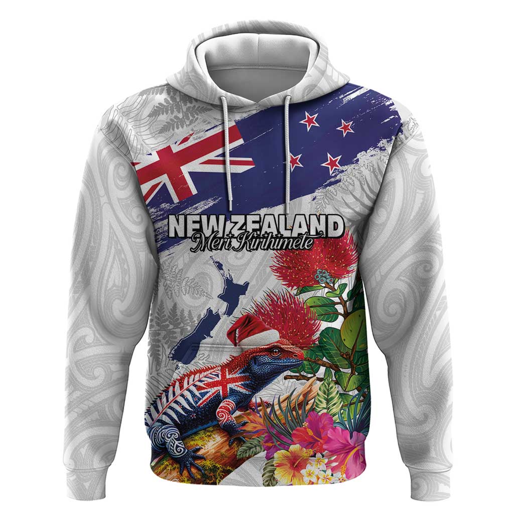 New Zealand Christmas Zip Hoodie Meri Kirihimete-Tuatara and Pohutukawa White Color