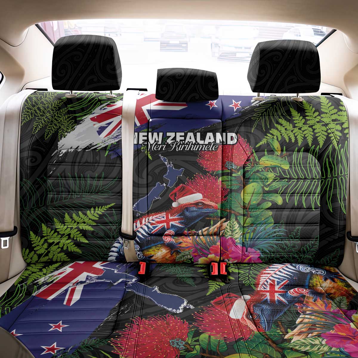 New Zealand Christmas Back Car Seat Cover Meri Kirihimete-Tuatara and Pohutukawa Black Color