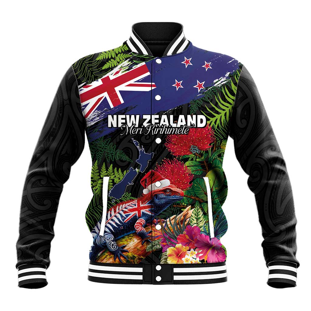 New Zealand Christmas Baseball Jacket Meri Kirihimete-Tuatara and Pohutukawa Black Color