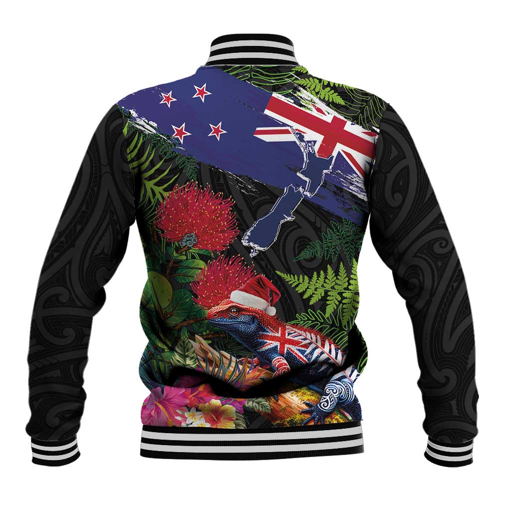 New Zealand Christmas Baseball Jacket Meri Kirihimete-Tuatara and Pohutukawa Black Color