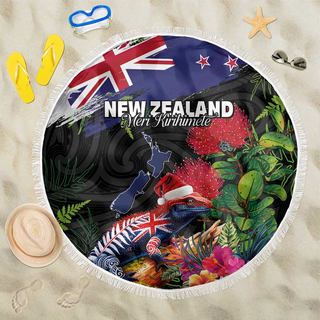 New Zealand Christmas Beach Blanket Meri Kirihimete-Tuatara and Pohutukawa Black Color