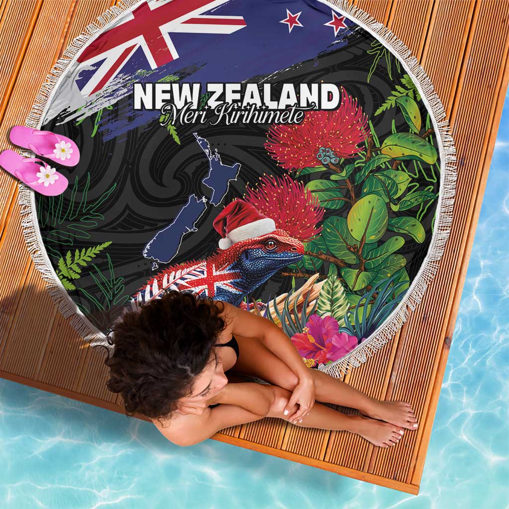 New Zealand Christmas Beach Blanket Meri Kirihimete-Tuatara and Pohutukawa Black Color