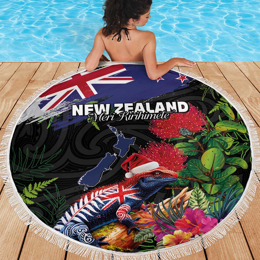 New Zealand Christmas Beach Blanket Meri Kirihimete-Tuatara and Pohutukawa Black Color