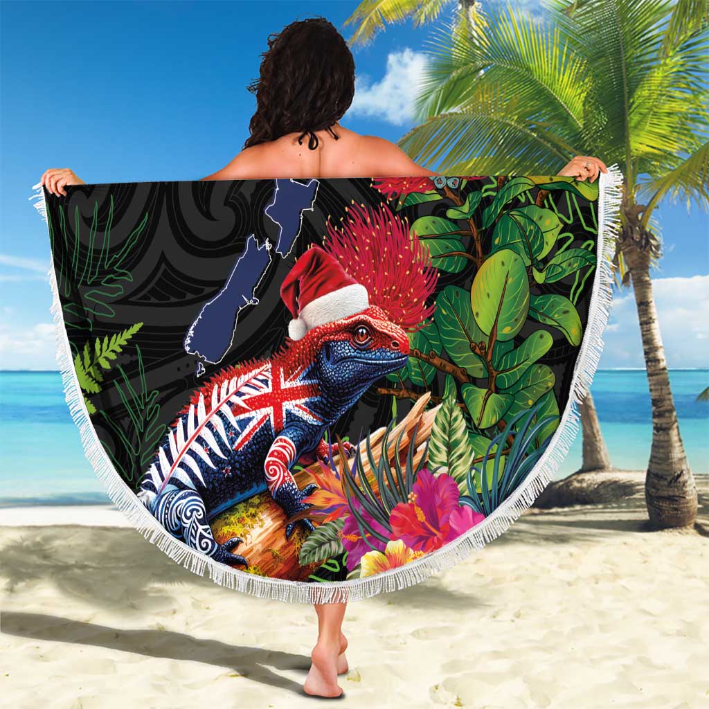 New Zealand Christmas Beach Blanket Meri Kirihimete-Tuatara and Pohutukawa Black Color