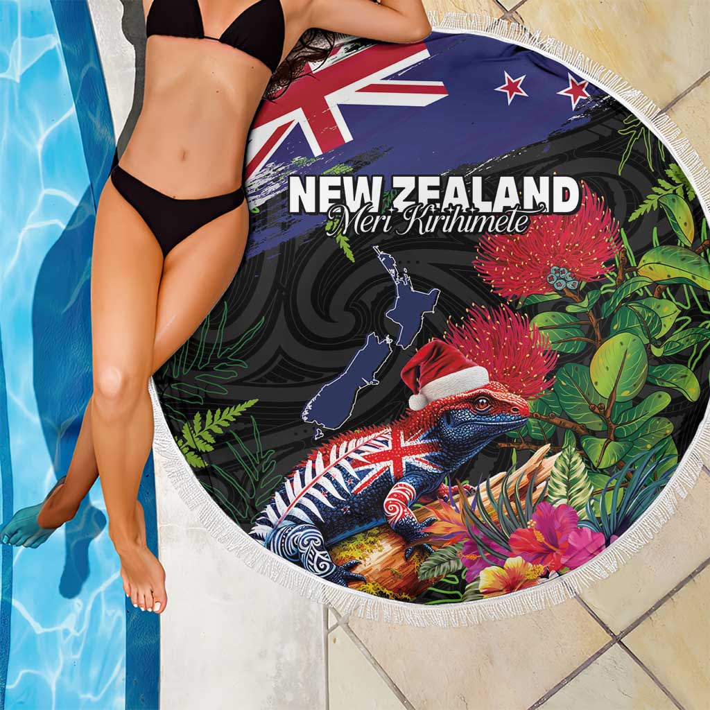 New Zealand Christmas Beach Blanket Meri Kirihimete-Tuatara and Pohutukawa Black Color