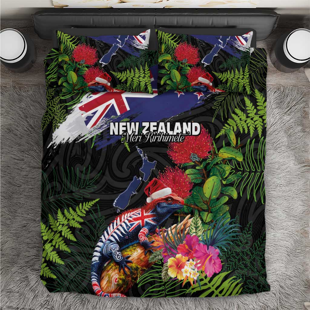 New Zealand Christmas Bedding Set Meri Kirihimete-Tuatara and Pohutukawa Black Color