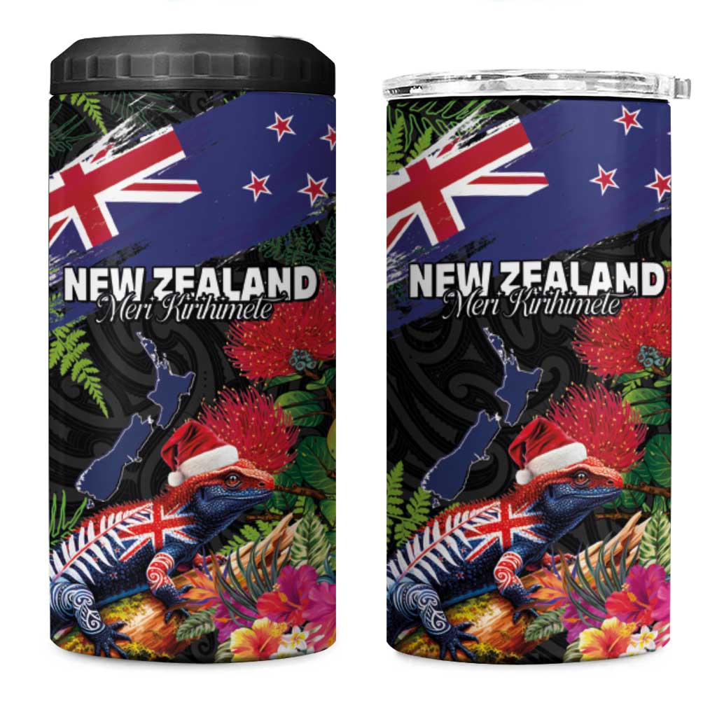 New Zealand Christmas 4 in 1 Can Cooler Tumbler Meri Kirihimete-Tuatara and Pohutukawa Black Color