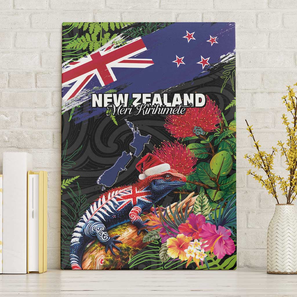New Zealand Christmas Canvas Wall Art Meri Kirihimete-Tuatara and Pohutukawa Black Color