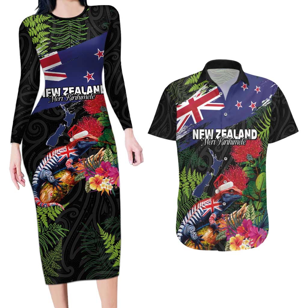 New Zealand Christmas Couples Matching Long Sleeve Bodycon Dress and Hawaiian Shirt Meri Kirihimete-Tuatara and Pohutukawa Black Color