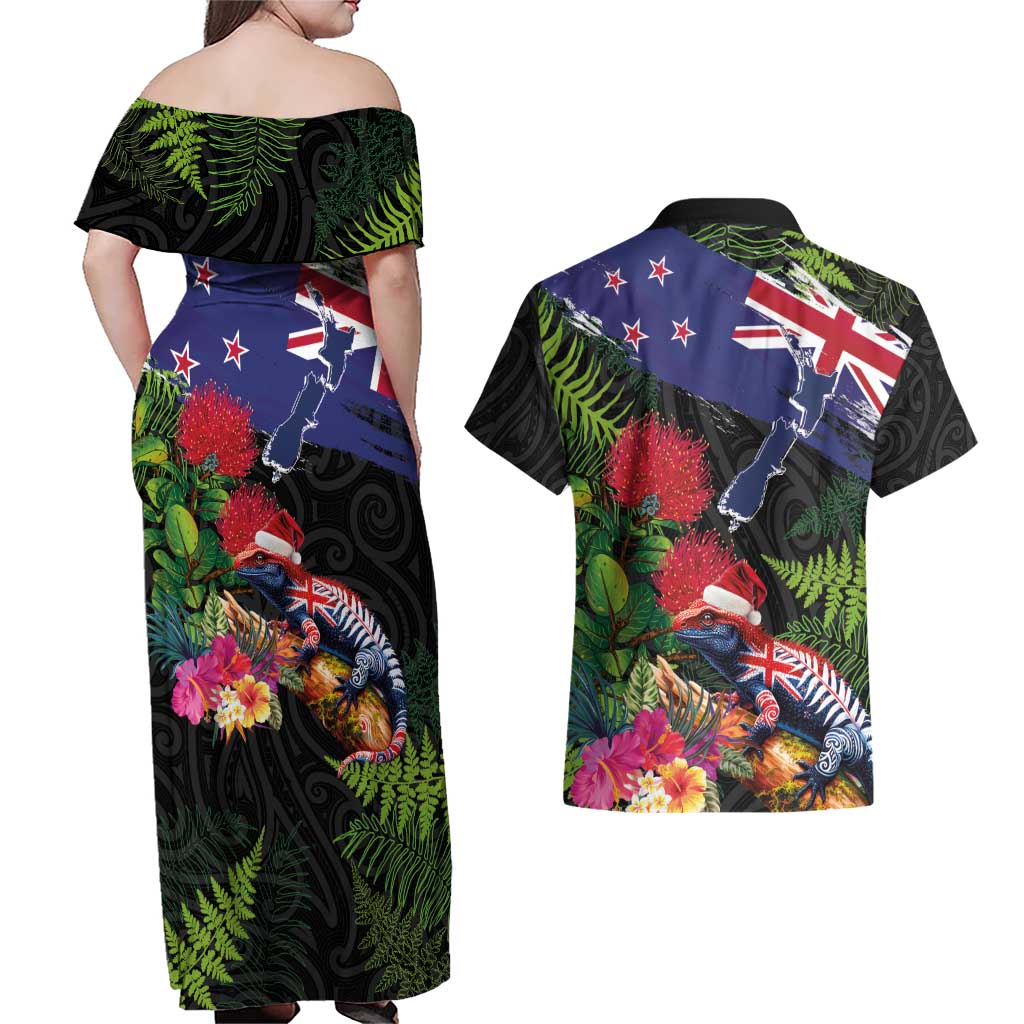 New Zealand Christmas Couples Matching Off Shoulder Maxi Dress and Hawaiian Shirt Meri Kirihimete-Tuatara and Pohutukawa Black Color LT03 - Polynesian Pride