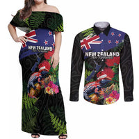 New Zealand Christmas Couples Matching Off Shoulder Maxi Dress and Long Sleeve Button Shirt Meri Kirihimete-Tuatara and Pohutukawa Black Color