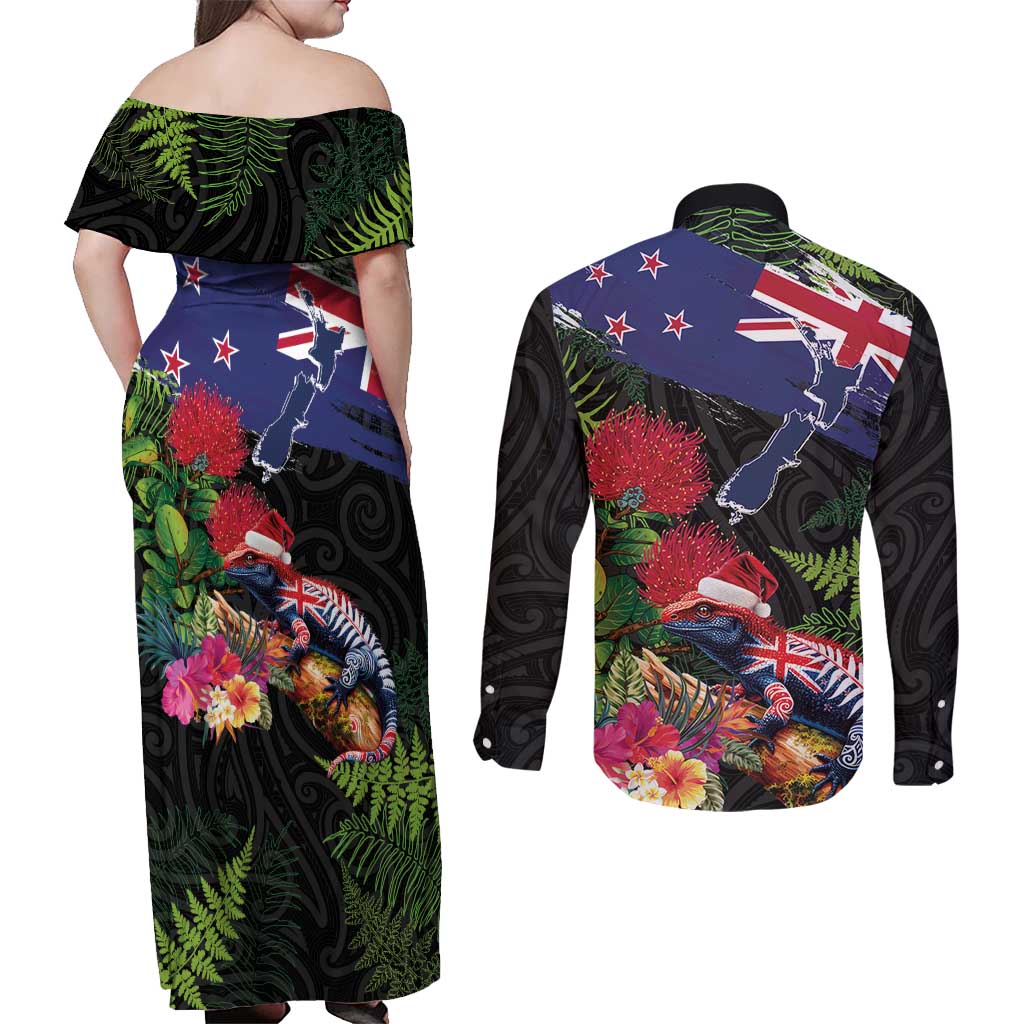 New Zealand Christmas Couples Matching Off Shoulder Maxi Dress and Long Sleeve Button Shirt Meri Kirihimete-Tuatara and Pohutukawa Black Color