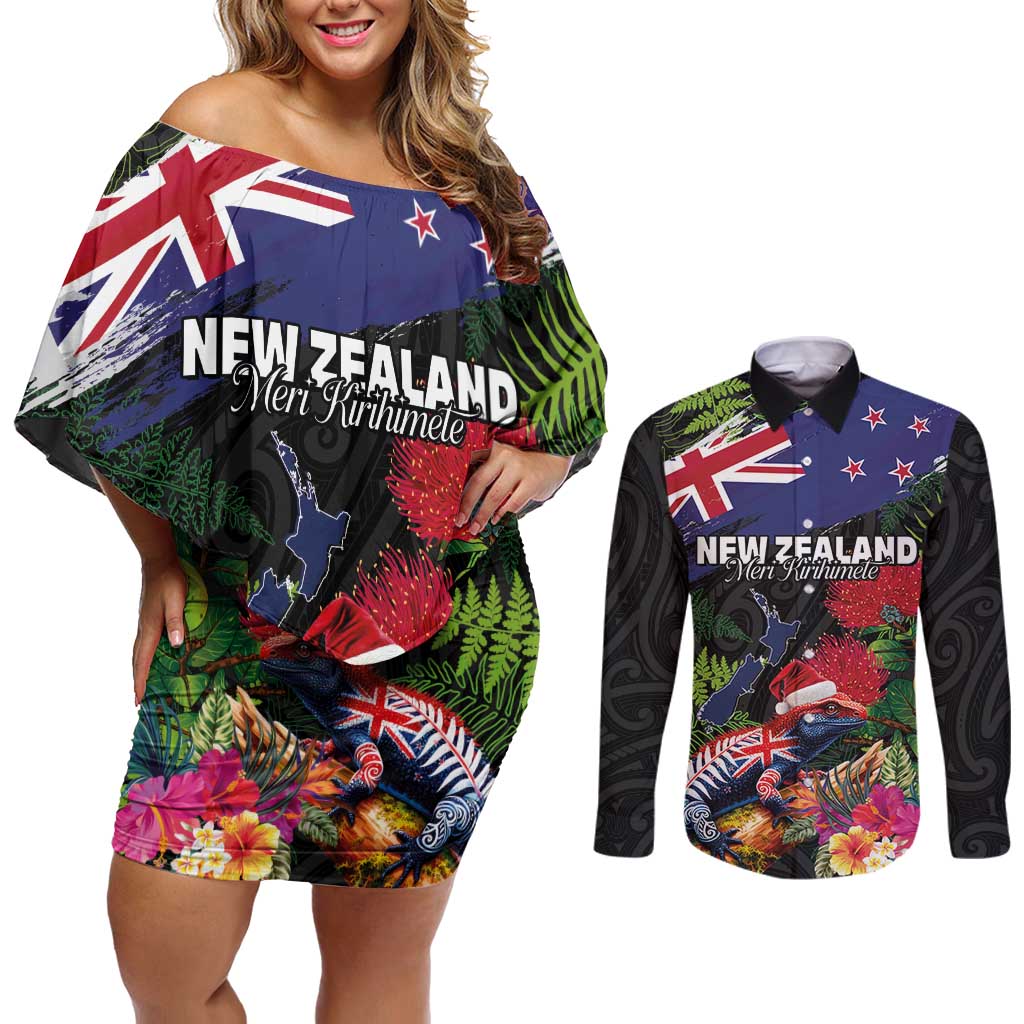 New Zealand Christmas Couples Matching Off Shoulder Short Dress and Long Sleeve Button Shirt Meri Kirihimete-Tuatara and Pohutukawa Black Color