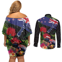 New Zealand Christmas Couples Matching Off Shoulder Short Dress and Long Sleeve Button Shirt Meri Kirihimete-Tuatara and Pohutukawa Black Color