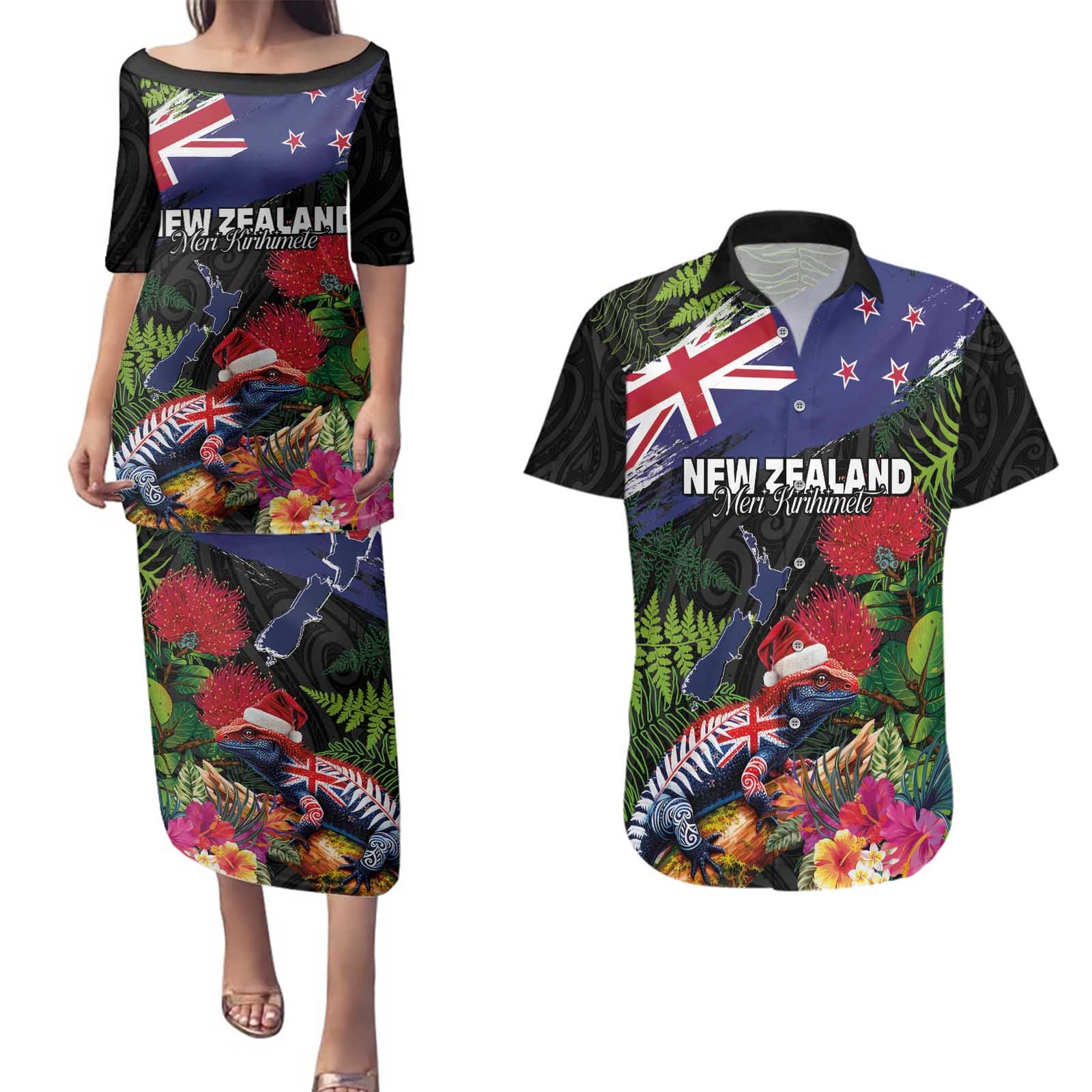 New Zealand Christmas Couples Matching Puletasi and Hawaiian Shirt Meri Kirihimete-Tuatara and Pohutukawa Black Color