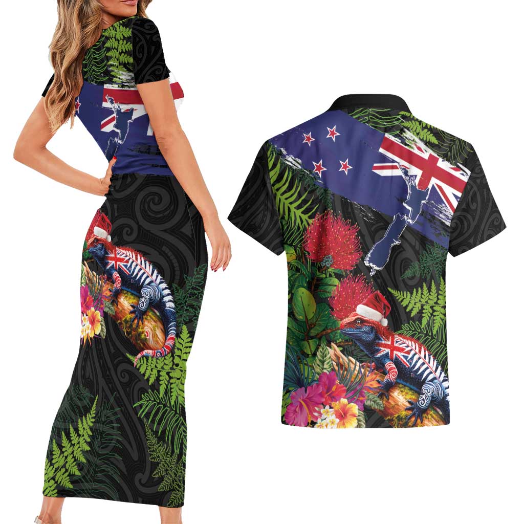 New Zealand Christmas Couples Matching Short Sleeve Bodycon Dress and Hawaiian Shirt Meri Kirihimete-Tuatara and Pohutukawa Black Color