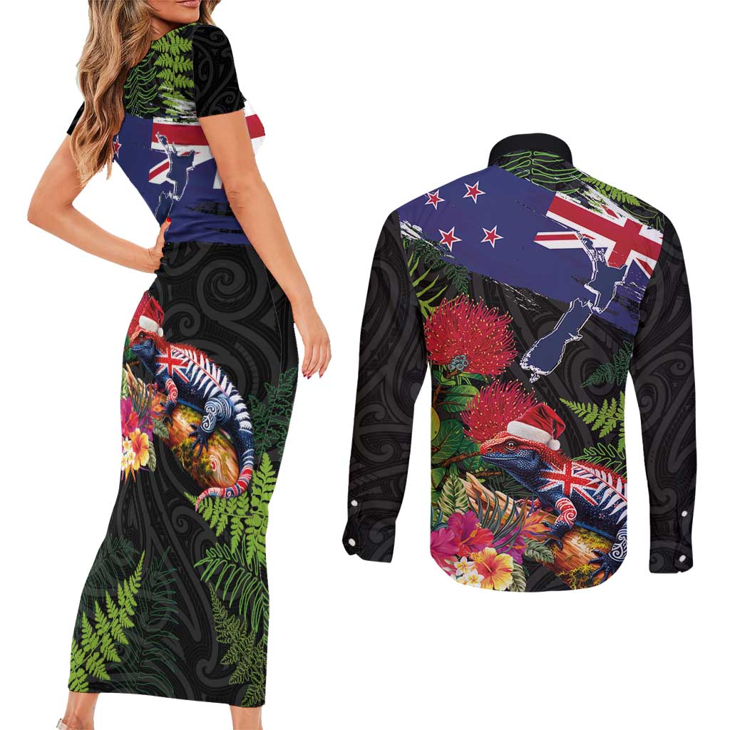 New Zealand Christmas Couples Matching Short Sleeve Bodycon Dress and Long Sleeve Button Shirt Meri Kirihimete-Tuatara and Pohutukawa Black Color