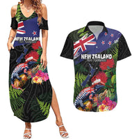 New Zealand Christmas Couples Matching Summer Maxi Dress and Hawaiian Shirt Meri Kirihimete-Tuatara and Pohutukawa Black Color