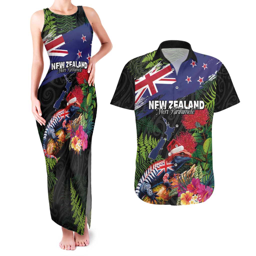 New Zealand Christmas Couples Matching Tank Maxi Dress and Hawaiian Shirt Meri Kirihimete-Tuatara and Pohutukawa Black Color