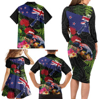 New Zealand Christmas Family Matching Long Sleeve Bodycon Dress and Hawaiian Shirt Meri Kirihimete-Tuatara and Pohutukawa Black Color