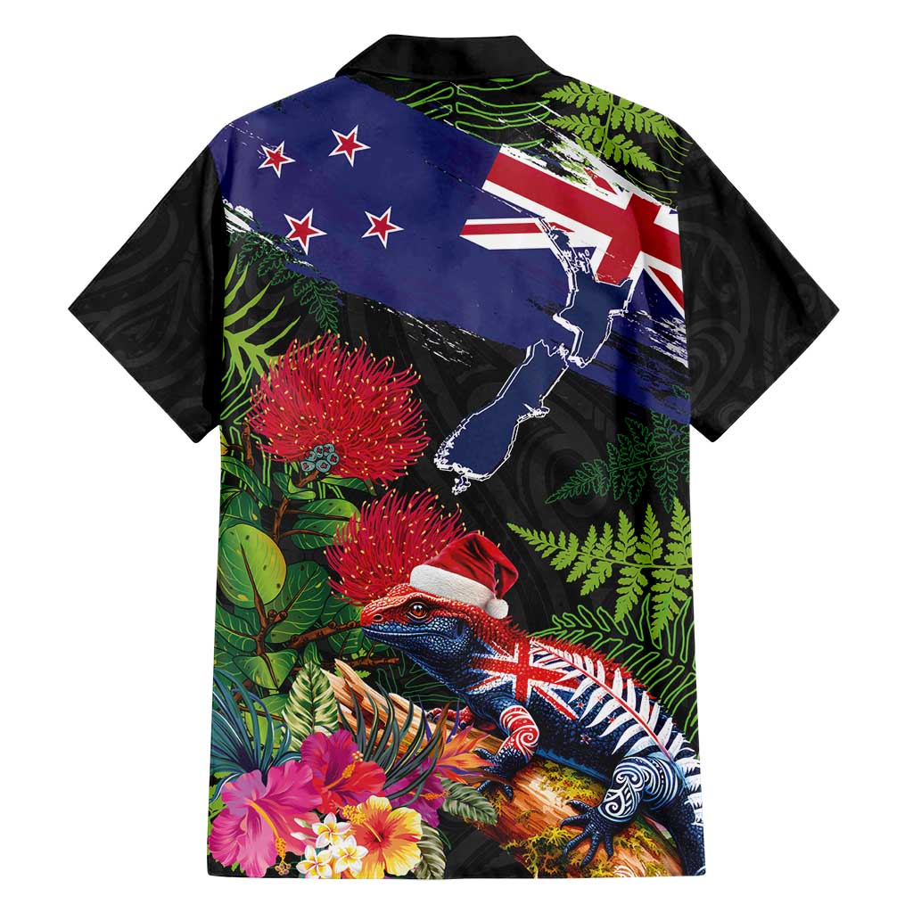 New Zealand Christmas Family Matching Long Sleeve Bodycon Dress and Hawaiian Shirt Meri Kirihimete-Tuatara and Pohutukawa Black Color